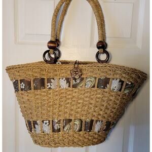 Woven Straw Summer Tote Beach Fashion Handbag Shoulder Bag Paisley Brown Beads
